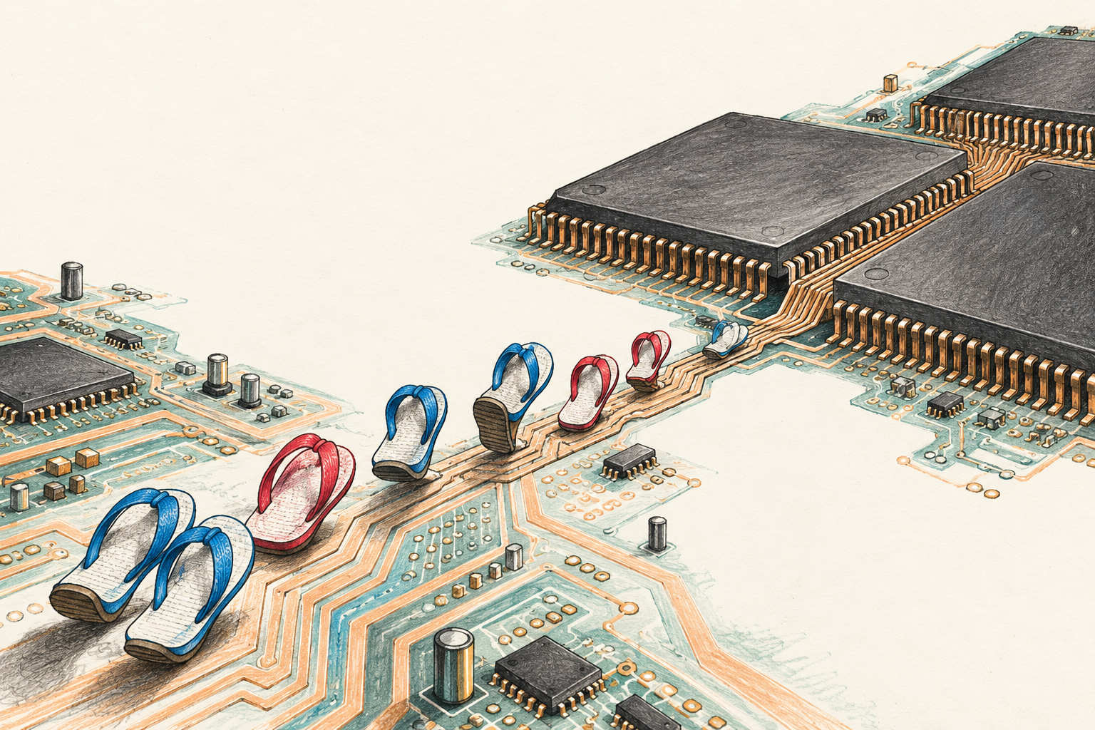 Blue and red flip-flops walk along copper circuit traces toward towering computer chips.